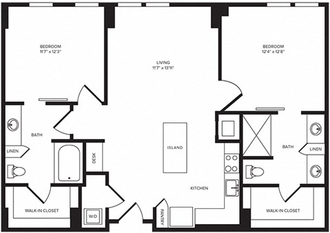 Floor plan for 2 beds, 2 baths, 1078 sqft